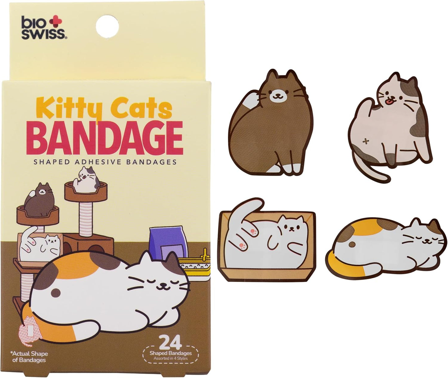 BioSwiss Kids Bandages, Kitty Cats Shaped Self Adhesive Bandage Set, Latex Free, Sterile Wound Care, 24 Count
