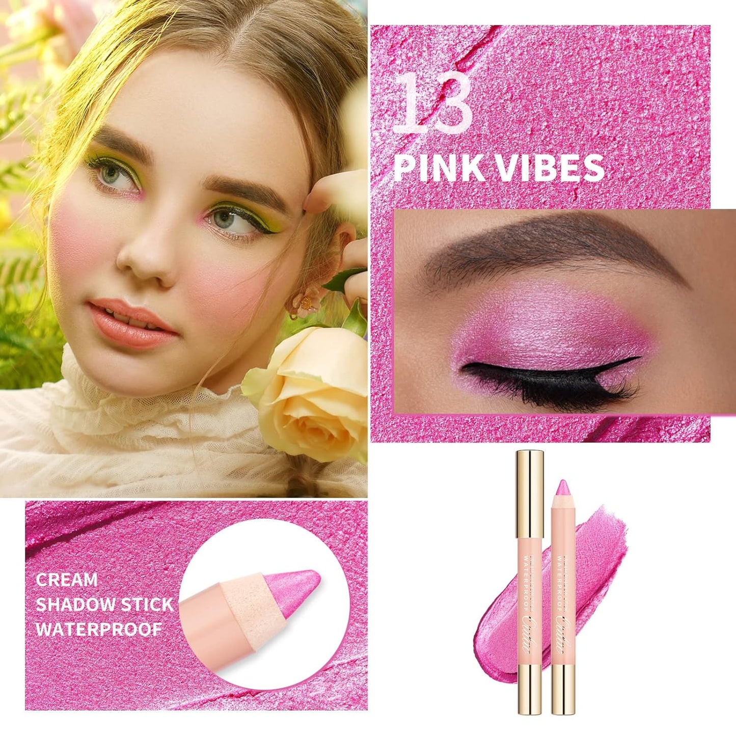 Oulac Waterproof Pink Eyeshadow Pencil for Long-Lasting Eye Looks - Easy to apply, Blendable and Smudge-proof, Vegan Beauty 3.8g, (13) Pink Vibes