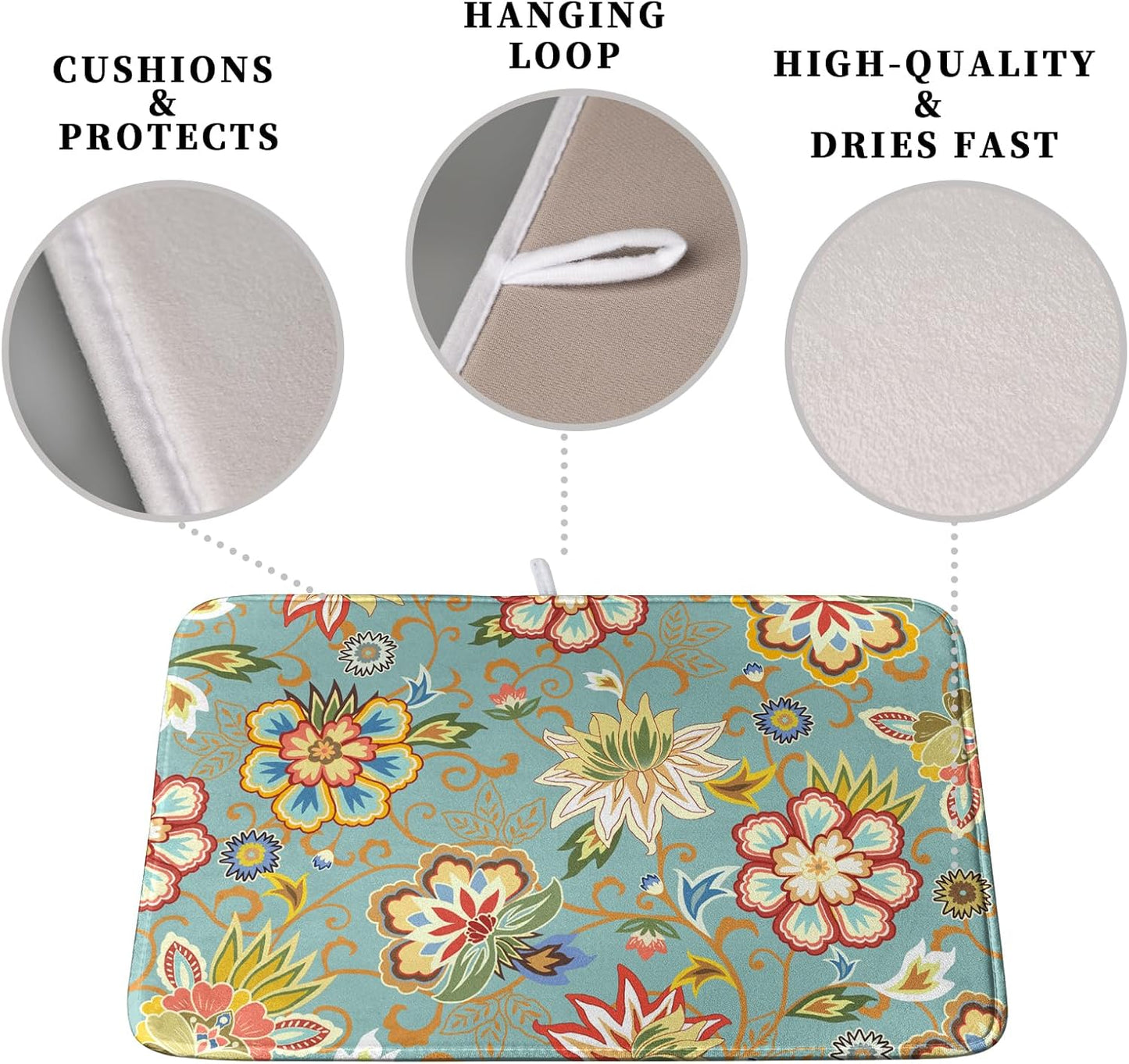 Boho Floral Kitchen Dish Drying Mat for Dishes 16x18 Inch Vintage Mandala Colorful Flowers Drying Mat Green Bohemian Dish Drainer Mat Super Absorbent Dish Rack Pad for Coffee Bar Sinks