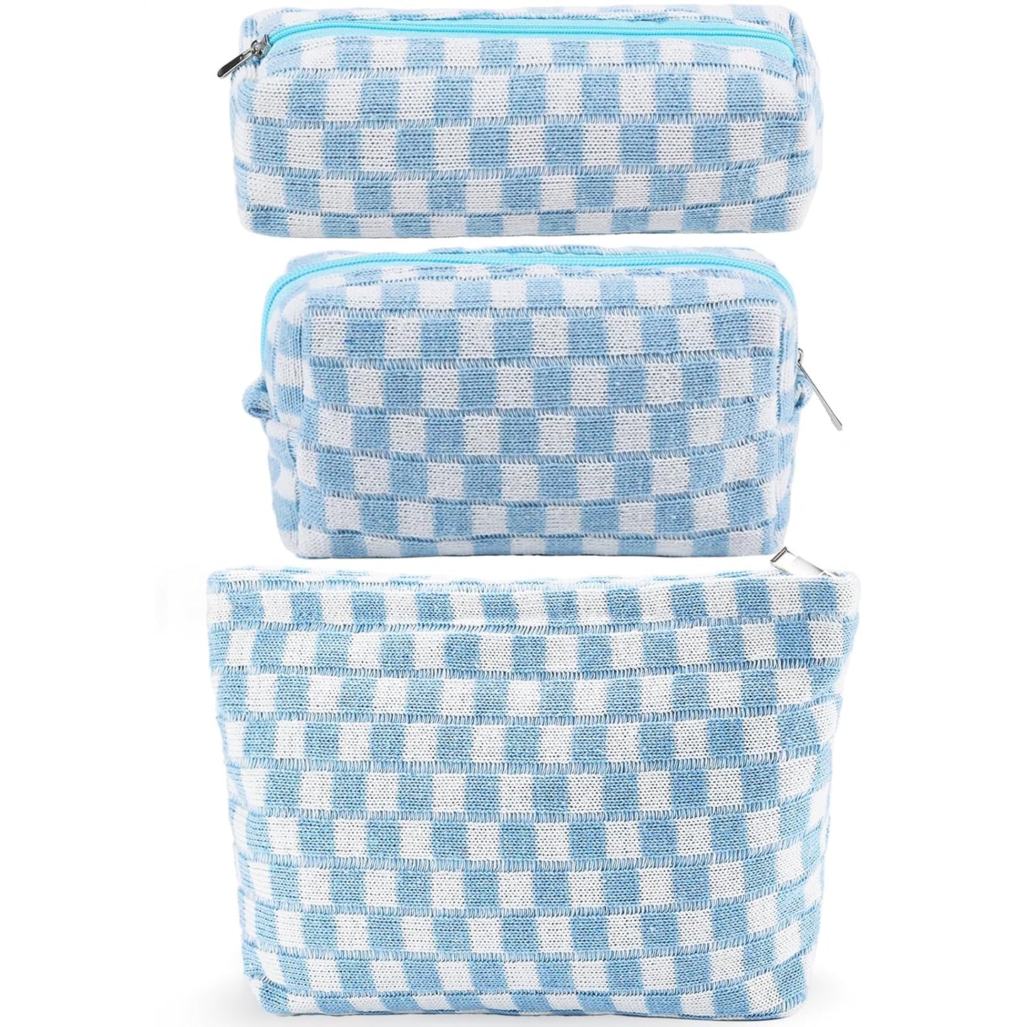 ZLFSRQ 3Pcs Checkered Makeup Bag for Women Large Small Checkered Cosmetic Bag Set Aesthetic Preppy Pencil Case Cute Pencil Pouch Blue Makeup Pouch for Purse Travel Toiletry Bags Zipper Skincare Bags