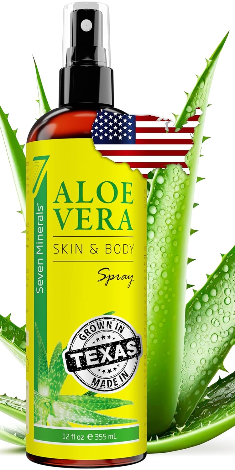 Seven Minerals, Organic Aloe Vera Spray for Body & Hair - From Freshly Cut Aloe Plant, Extra Strong, Easy to Apply, No Thickeners So It Absorbs Rapidly, No Sticky Residue - Made in USA (Big 12 fl oz)