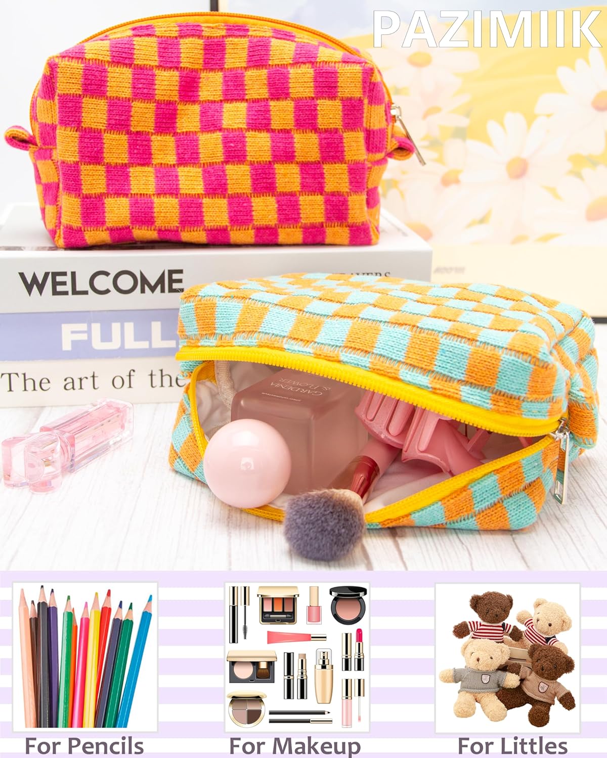 PAZIMIIK Checkered Makeup Bag for Purse Portable Zipper Make Up Pouch Small Cosmetic Case for Travel Accessories Orange Green