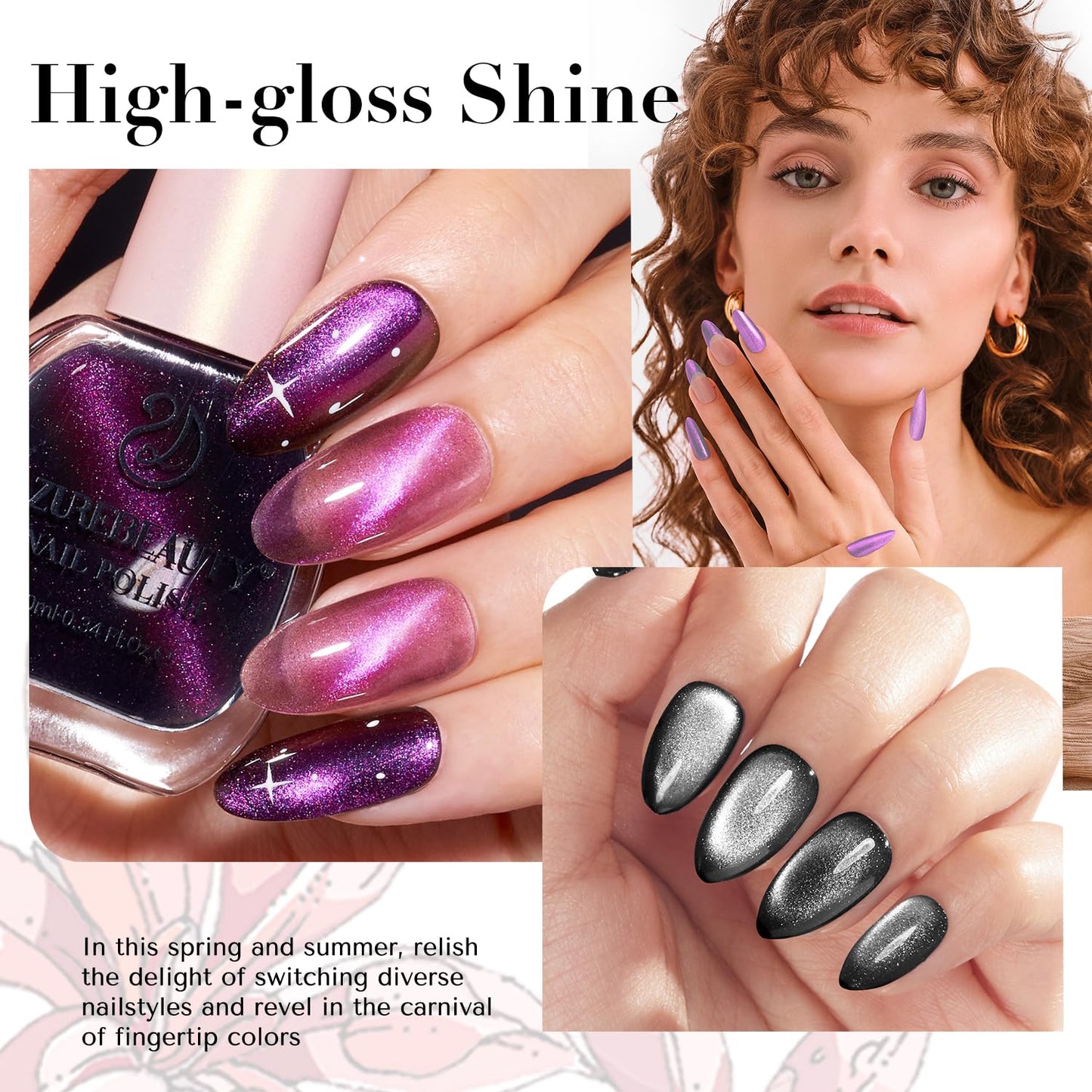 AZUREBEAUTY Cat Eye Nail Polish Set Quick Dry Mooncat Glitter Holographic Purple Black Red 4 Colors Natural Fingernail with Top Coat DIY Salon Home no Gel