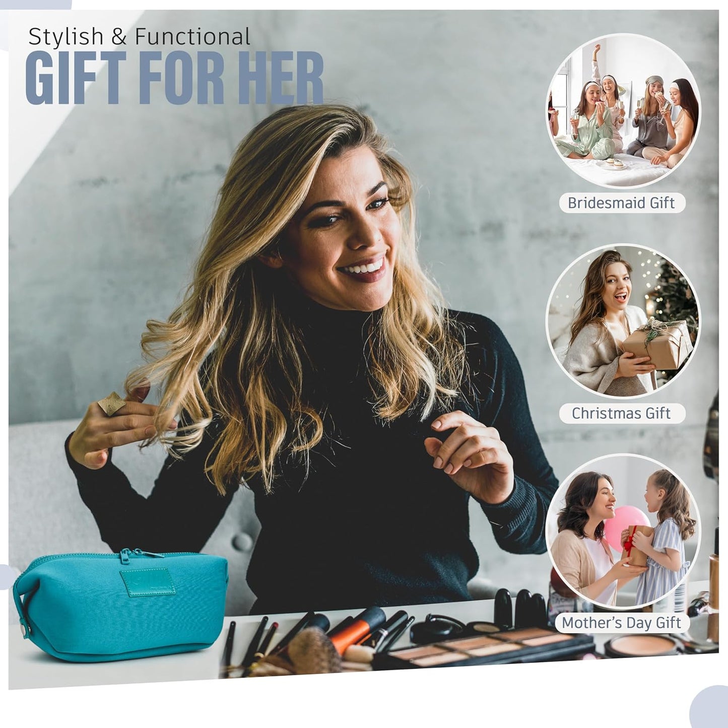 Kat Myhr Neoprene Washable Travel Makeup & Cosmetic Bag Set, 2 Air Mesh Pouches,100% Neoprene Toiletry Bag, Large Water Resistant Travel Bag for Toiletries, Makeup Cosmetic Travel Bag (Turquoise)