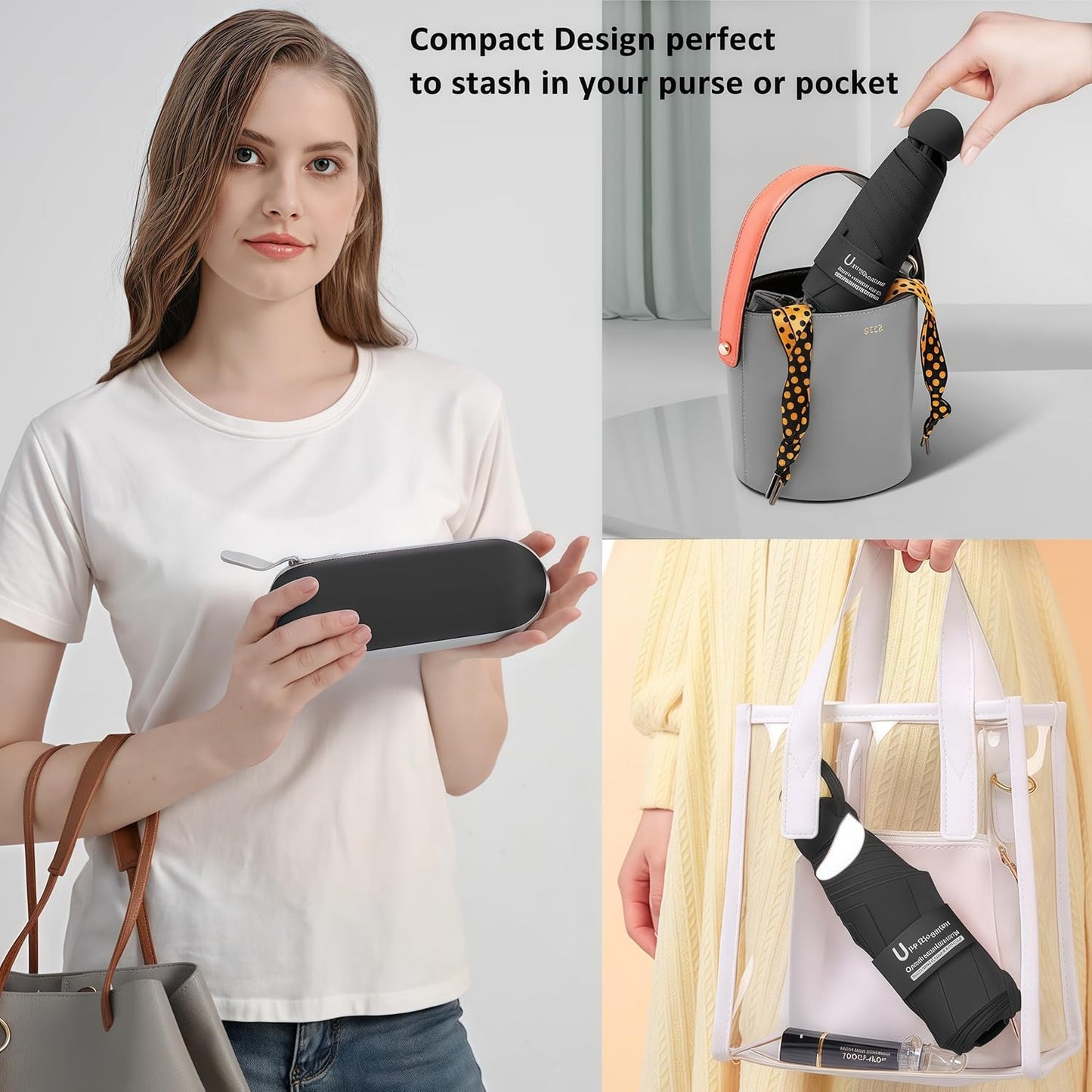 BAODINI Travel Essentials Mini Umbrella for Purse With Case Small Compact UV Sun Protection Lightweight Tiny Pocket Manual Open Close Umbrella for Women Kids and Men Fit Purse Backpack