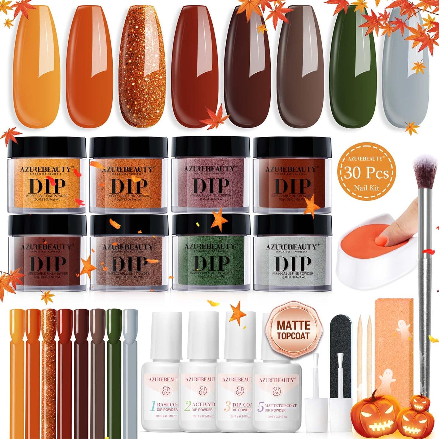 AZUREBEAUTY Dip Nails Powder Starter Kit, Maple Grey Sage Green Dark 8 Colors Set with Nail Sticks, Fall Nail Art Base Glossy/Matte Top Coat Activator Essential Liquid Manicure DIY Salon 30 PCS