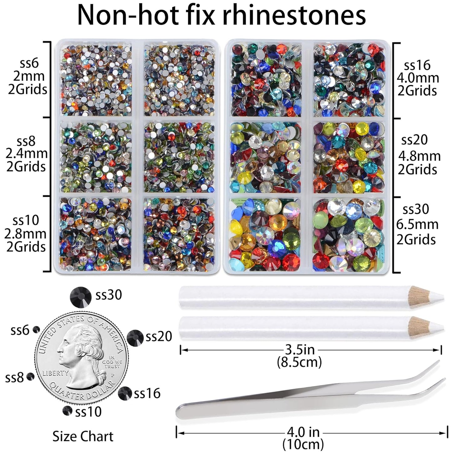LPBeads 6000 Pieces Mixed Color Non Hotfix Rhinestones 6 Sizes Round Crystal Glass Flat Back Rhinestones with Tweezers and Picking Pen for Nail Art Crafts Clothes Bags DIY