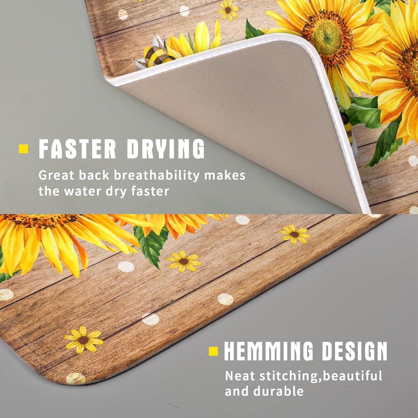 Sunflower Bee Dish Drying Mat for Kitchen Counter Home 16x18 Inch Wood Barn Microfiber Drainer Rack Mats Washable Absorbent Dish Dry Pad