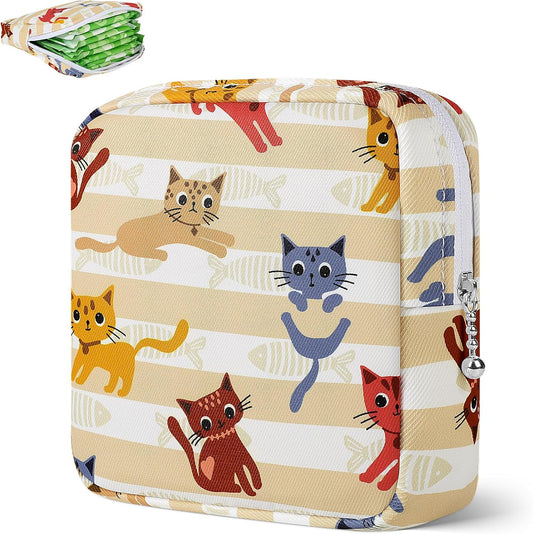 Desing Wish Period Bag Pouch Soft Cloth Sanitary Napkin Storage Bag Portable Menstrual Pad Pouches Tampon Holder for Purse First Period Kit for Girls 9-12 (Playing Cat)