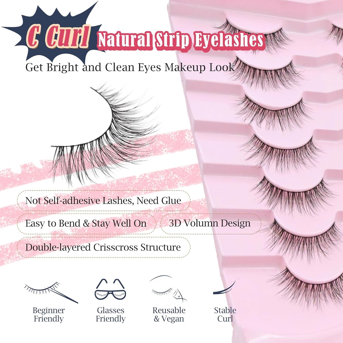 Lashes Natural Look 12MM False Eyelashes Wispy C Curl Short Eye Lashes False Lash Pack with Thin Cotton Band 3D Volume Fake Eyelashes 7 Pair Siligli