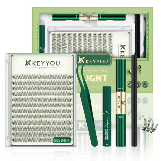 KEYYOU Natural Lash Clusters Kit 144Pcs DIY Lash Extension Kit Wispy Eyelash Extensions Kit D Curl 10-12MIX with Bond and Seal and tweezers with Thin Lash Band(KIT-N05-D-10-12MIX)