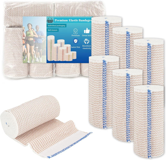 Premium Elastic Bandage Wrap 4 inch 6 Pack Reusable Versatile Self-Closing Compression Bandage Wraps for Ankles, Wrists Knee, Tummy and Body Cotton Lymphedema Wraps for Legs Latex-Free