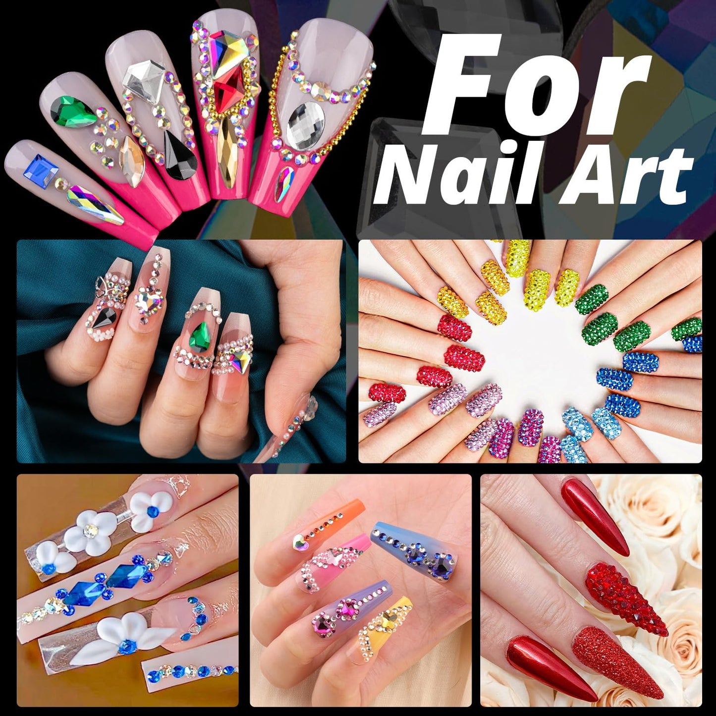 Multifunctional Rhinestone Kit - Gold Glass Nail Charms & Beads (2-5mm), UV/LED Gel Glue with Dotting Tools