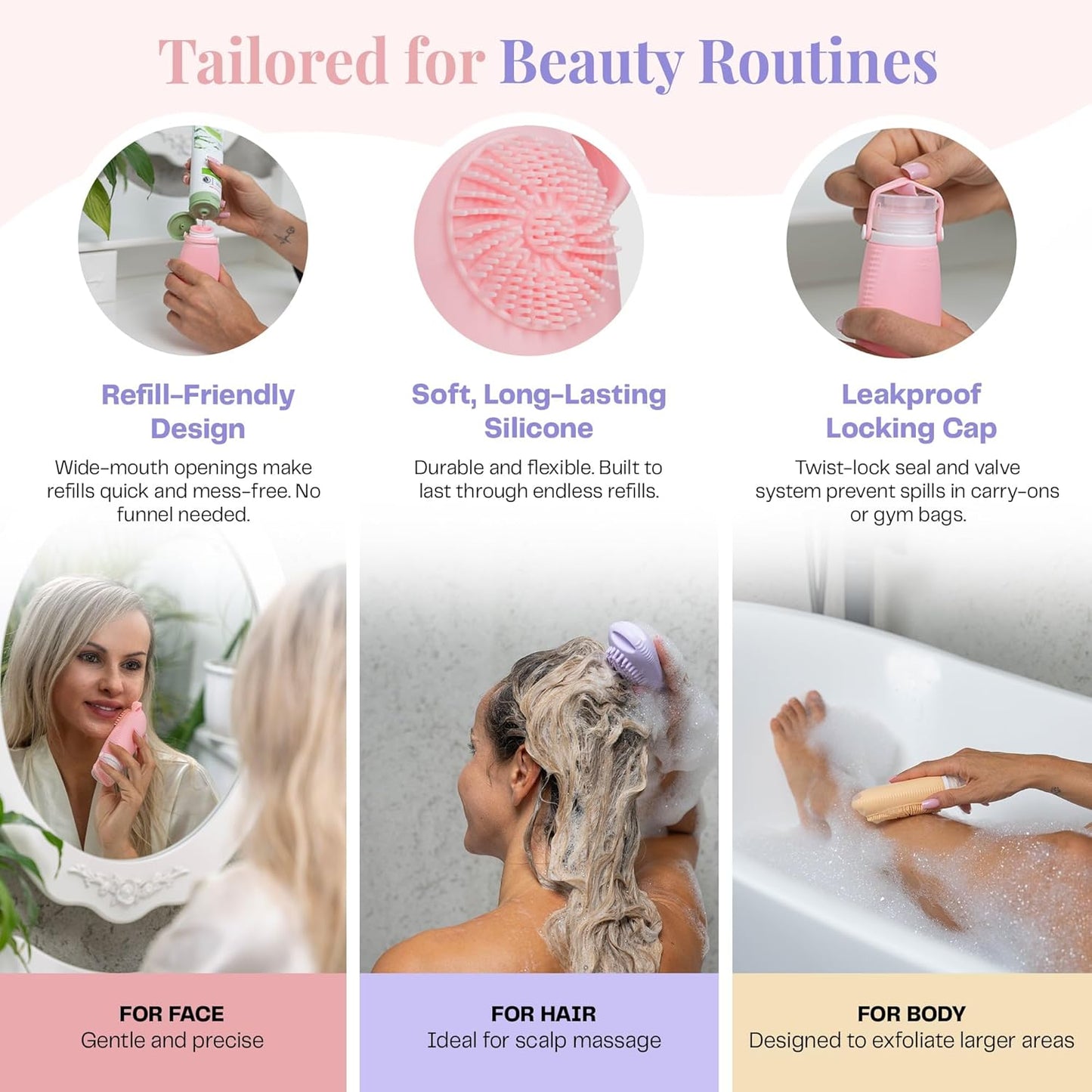 Sumina Silicone Travel Bottles 3 Pack (3.4oz) – TSA-Approved Leak-Proof Toiletry Containers with 2-in-1 Built-In Exfoliating Scrubber – Refillable for Travel, Gym & Skincare