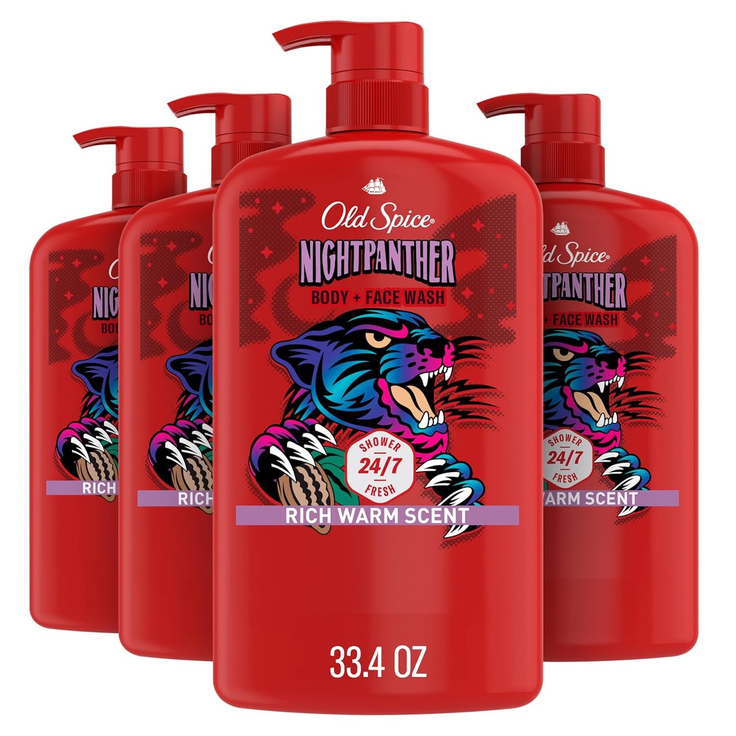Old Spice Cleansing Body Wash for Men, 3X Defense, 24/7 Shower Fresh with Lasting Scent, 2-in-1 Body & Face Wash, NightPanther with Rich Warm Scent, 33.4 (Pack of 4)