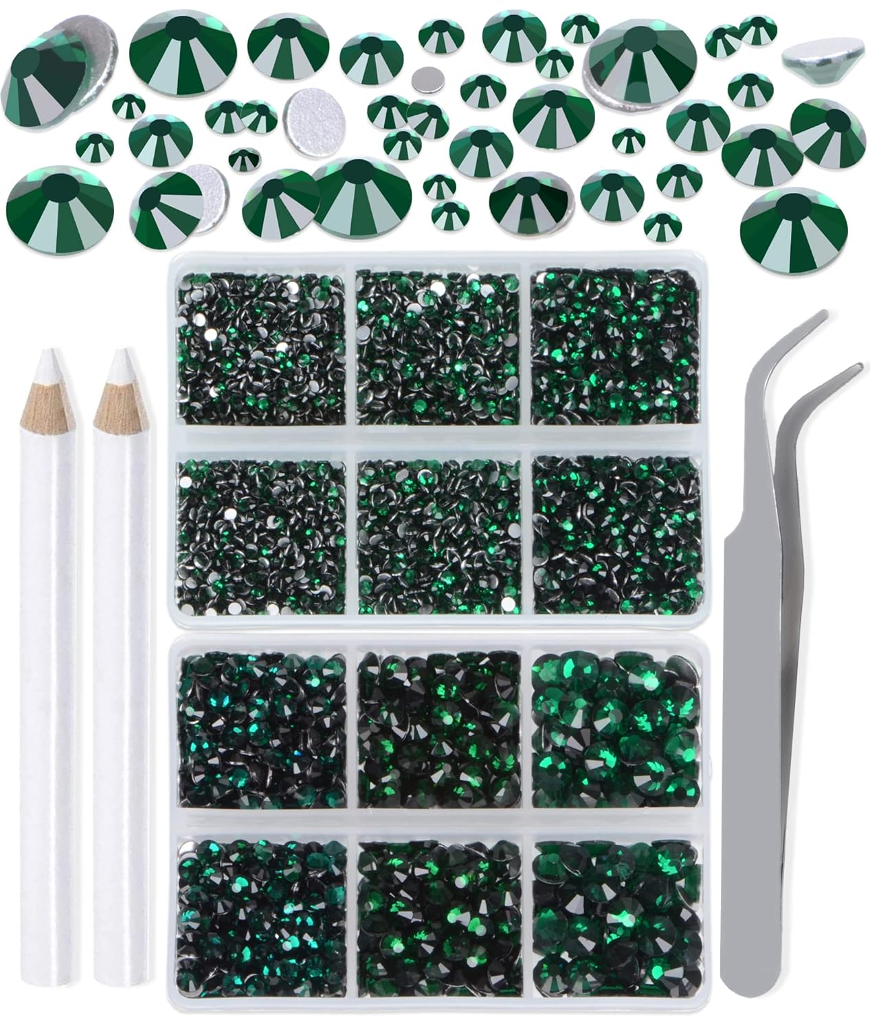 LPBeads 6000 Pieces Emerald Non Hotfix Rhinestones 6 Sizes Round Crystal Glass Flat Back Rhinestones with Tweezers and Picking Pen for Nail Art Crafts Clothes Bags DIY