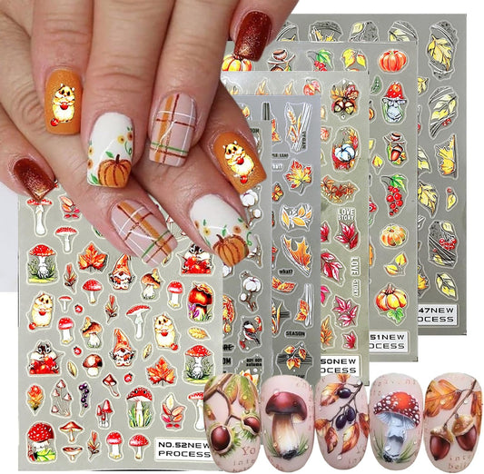 6 Sheets Fall Nail Art Stickers 3D Maple Leaf Nail Decals Autumn Gold Yellow Leaves Mushroom Squirrel Self-Adhesive Nail Designs Thanksgiving Nail Stickers for Women Girls Acrylic Manicure DIY Decor