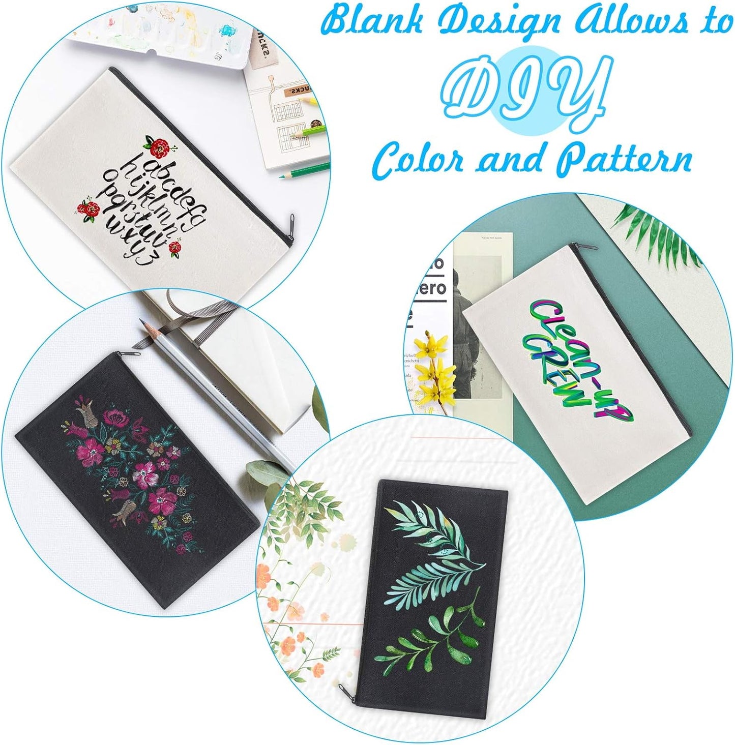 12 Pieces White Cotton Canvas Makeup Bag, Multipurpose Cosmetic Bag with Zipper Travel Toiletry Pouch, Blank DIY Craft Bag (White, L)