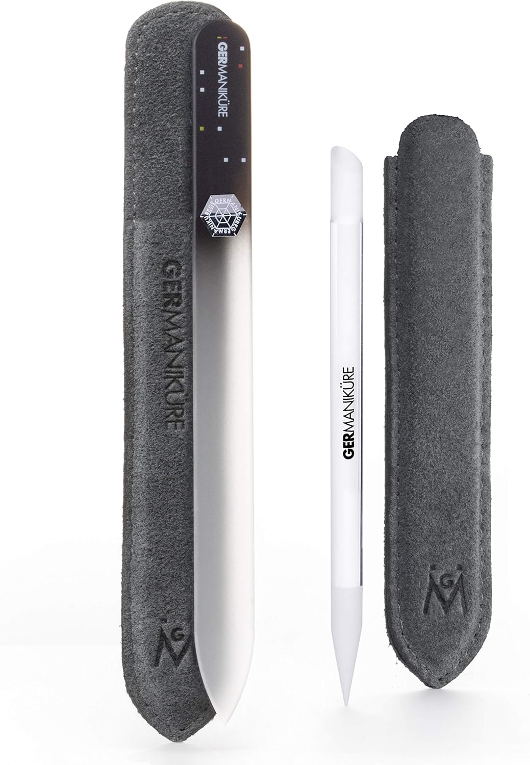 GERMANIKURE Crystal Glass Cuticle Stick & Black Nail File Set in Suede Sleeves – Handmade in Czech Republic – Professional Manicure Supplies – Cuticle Pusher, Callus Remover - Ideal Nail Care Gift