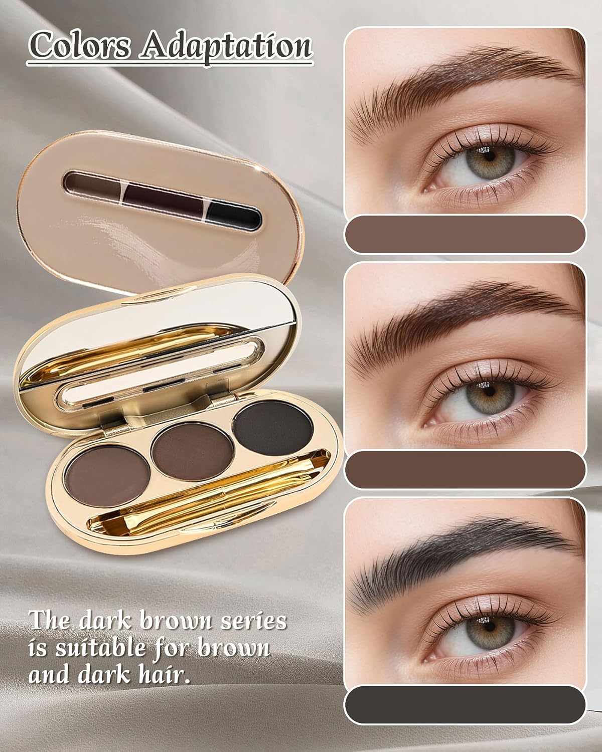 Waterproof Eyebrow Powder Kit - 3 Colors Long-Lasting Brow Powder Palette with Brush Razor & Stencil, Natural Tinting Powder for Women Sparse Brows | #03 Medium Brown, Dark Brown, Black
