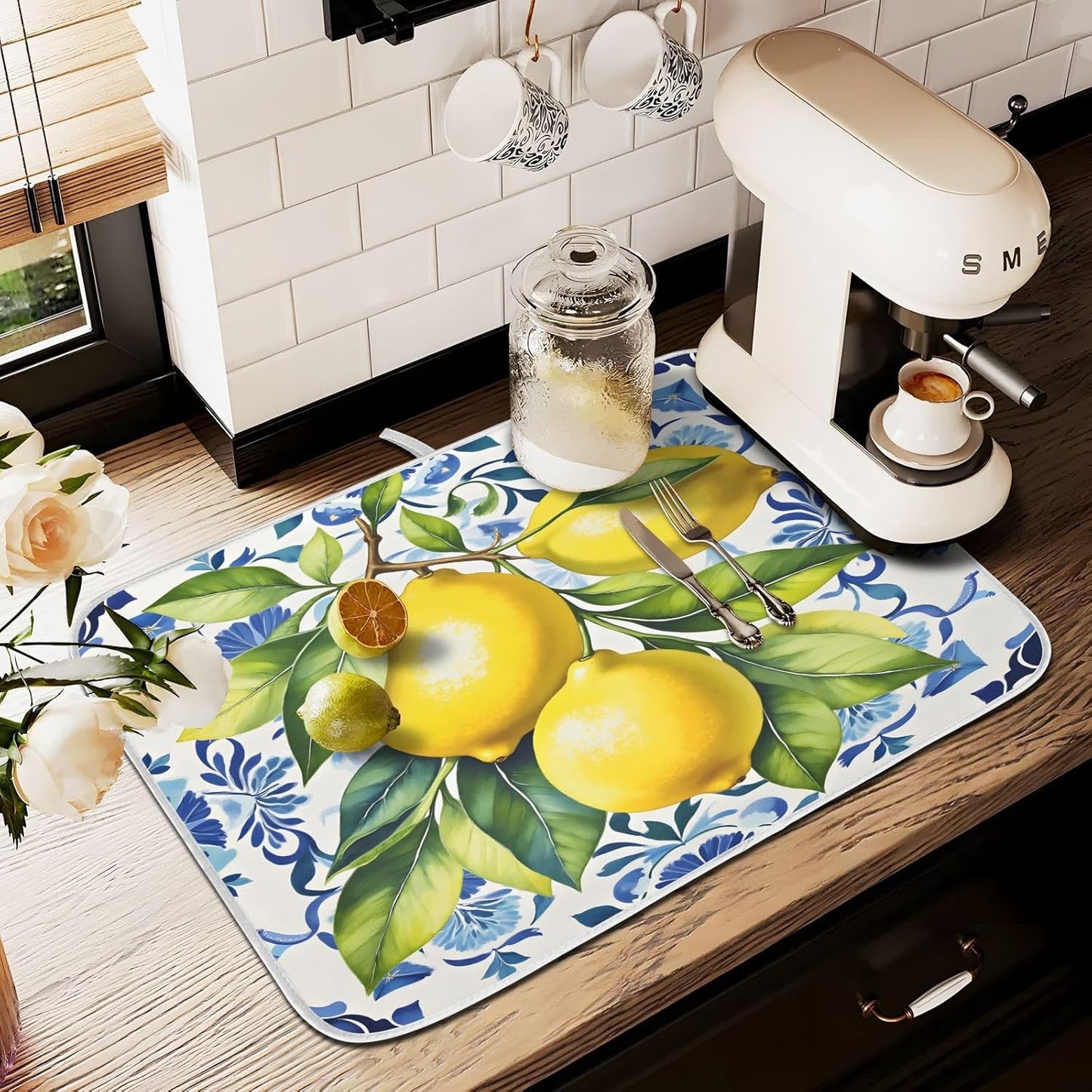 Lemon Italian Tile Blue E Dish Drying Mats for Kitchen Counter Absorbent Microfiber Dish Drying Matt 16 x 18 Inch Draining Reusable Rack Pad