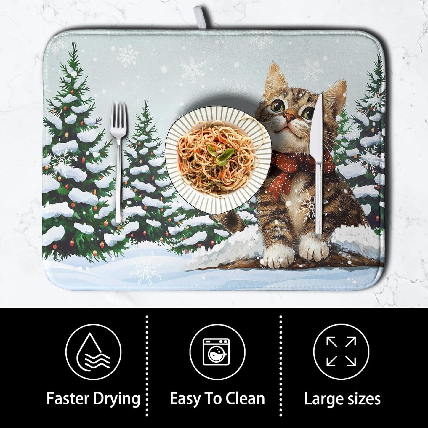 Winter Cat Dish Drying Mat for Kitchen Counter 18x24 Inch Cute Kitty Snow Pine Tree Dishes Drying Mats Large Microfiber Absorbent Dish Rack Pad Fast Dry Dish Mat for Coffee Bar Sinks Home Accessories
