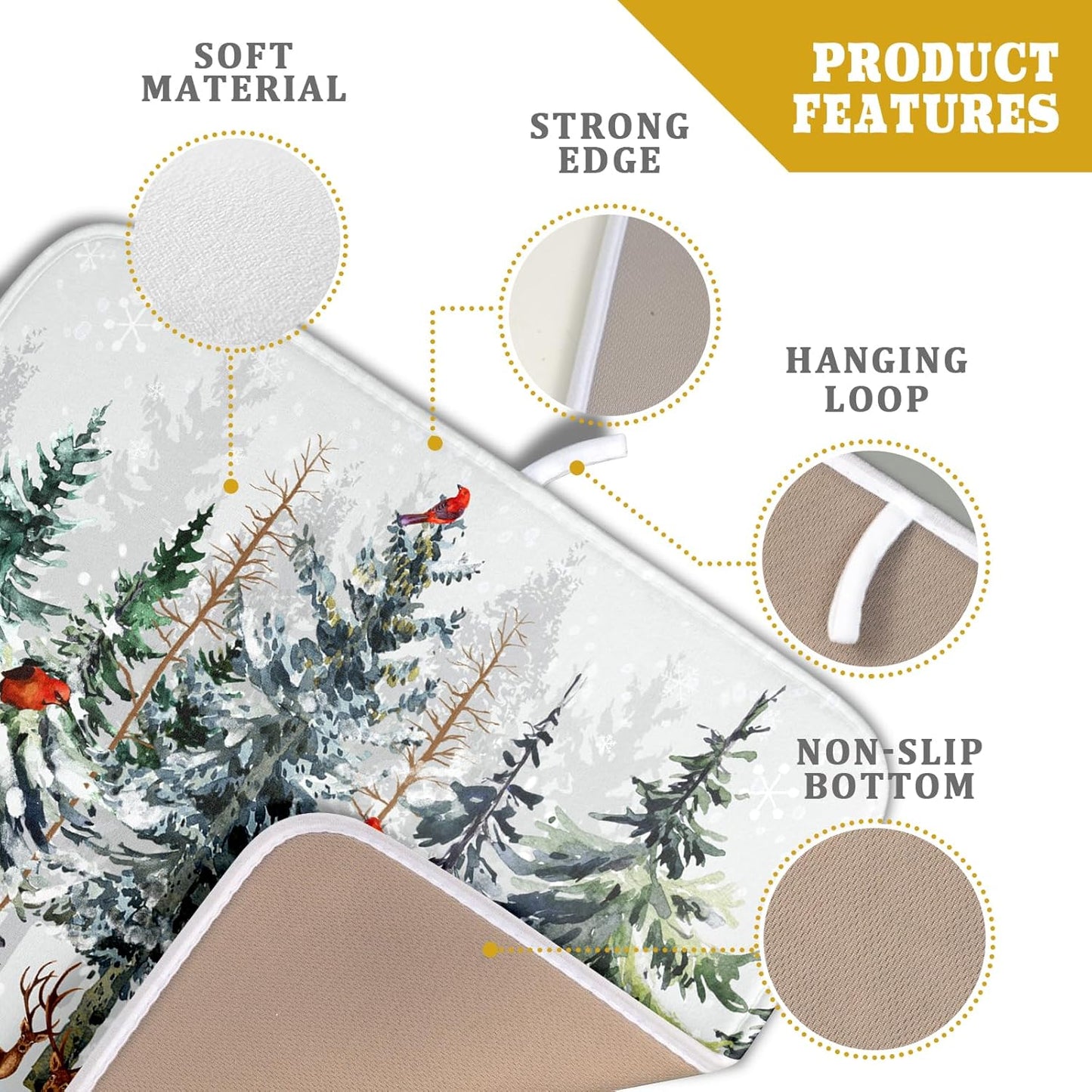 Pine Tree Dish Drying Mat for Kitchen Counter 16x18 Inch Forest Deer Absorbent Dishes Drainer Mats Reversible Microfiber Quick Dry Rack Pad