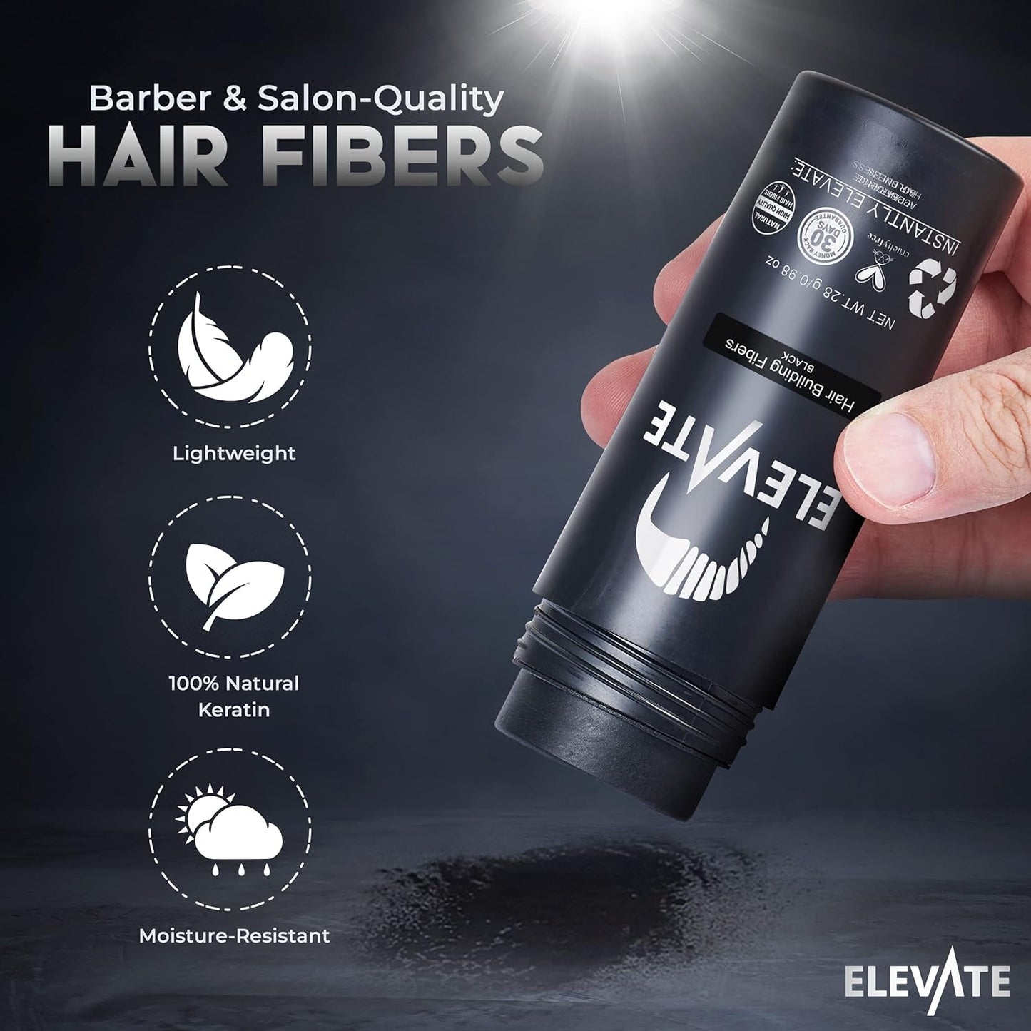 ELEVATE Hair Fibers to Instantly Thicken & Completely Conceal Thinning Balding Areas Loss in 30 Seconds for Men & Women (BLACK) 28g Size - 100% Natural & Undetectable Keratin Fibers