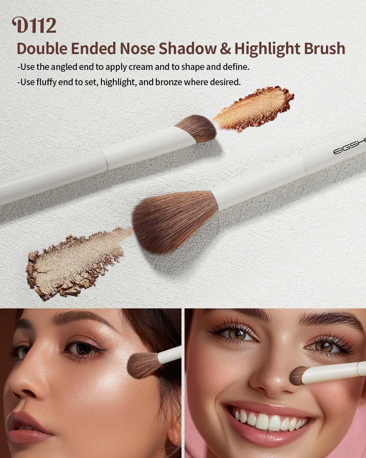 EIGSHOW Makeup Brush Set, 3Pcs Double Ended Face Makeup Brushes for Foundation Powder Contour Highlight Concealer Nose Shadow, Travel Gift Set (Beige)