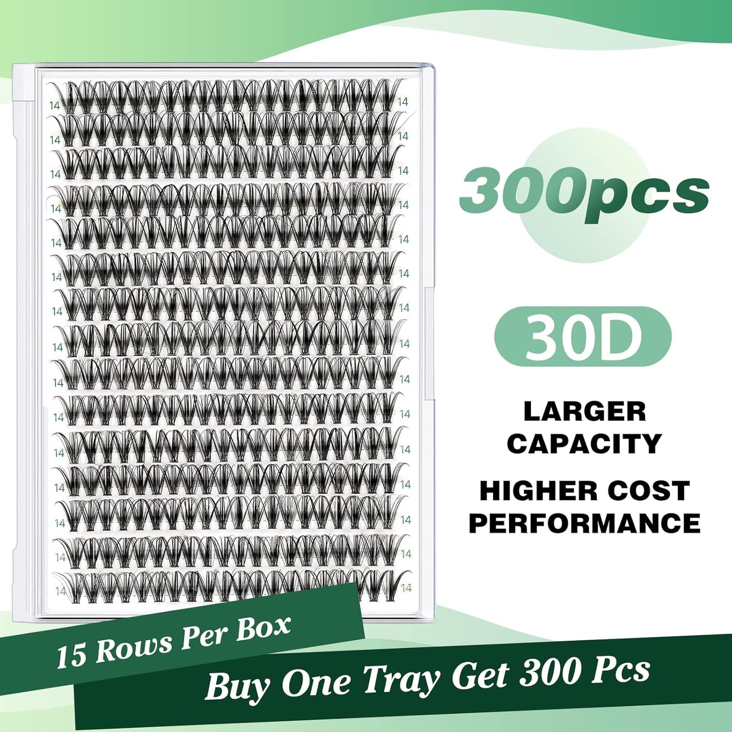 Lash Clusters 300pcs Individual Lashes 30D 0.07D Curl 14mm DIY Eyelash Extension KEYYOU Large Tray Volume Soft&Natural Eyelash Clusters(30D-0.07D,14）