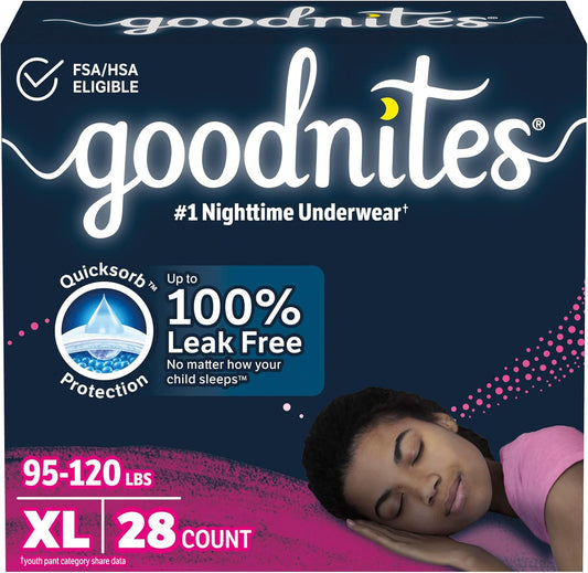 Goodnites Girls' Nighttime Bedwetting Underwear, Size Extra Large (95-120 lbs), 28 Ct (2 Packs of 14), Packaging May Vary