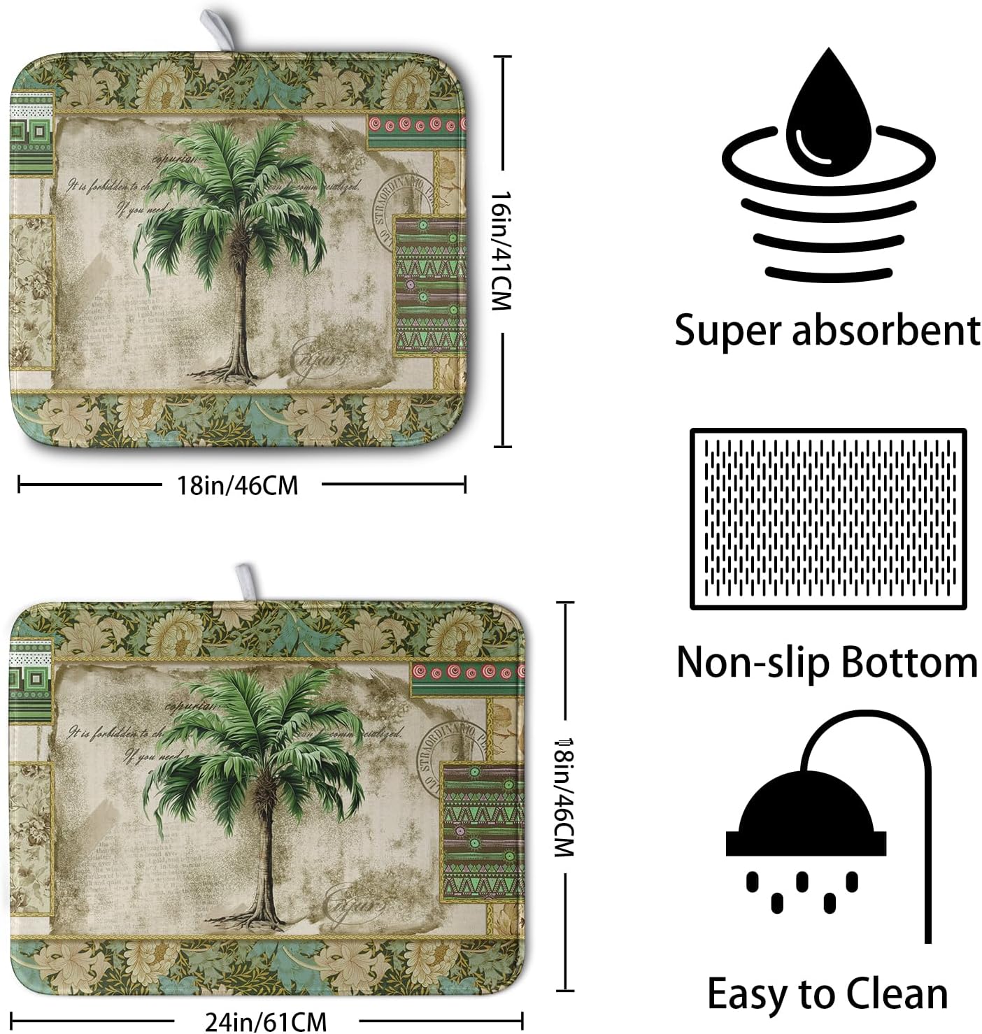 Palm Tree Kitchen Dish Drying Mat for Dishes 18x24 Inch Summer Vintage Tropical Leaves Green Jungle Plant Drying Mat Botanical Dish Drainer Mat Super Absorbent Dish Rack Pad for Coffee Bar Sinks