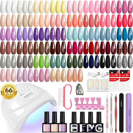 PHOENIXY Gel Nail Polish Kit with U V Light 48W, 66 Pcs 135 Effect Gel Nail Polish Set Base Glitter Top Coat Manicure Tools Gifts for Women