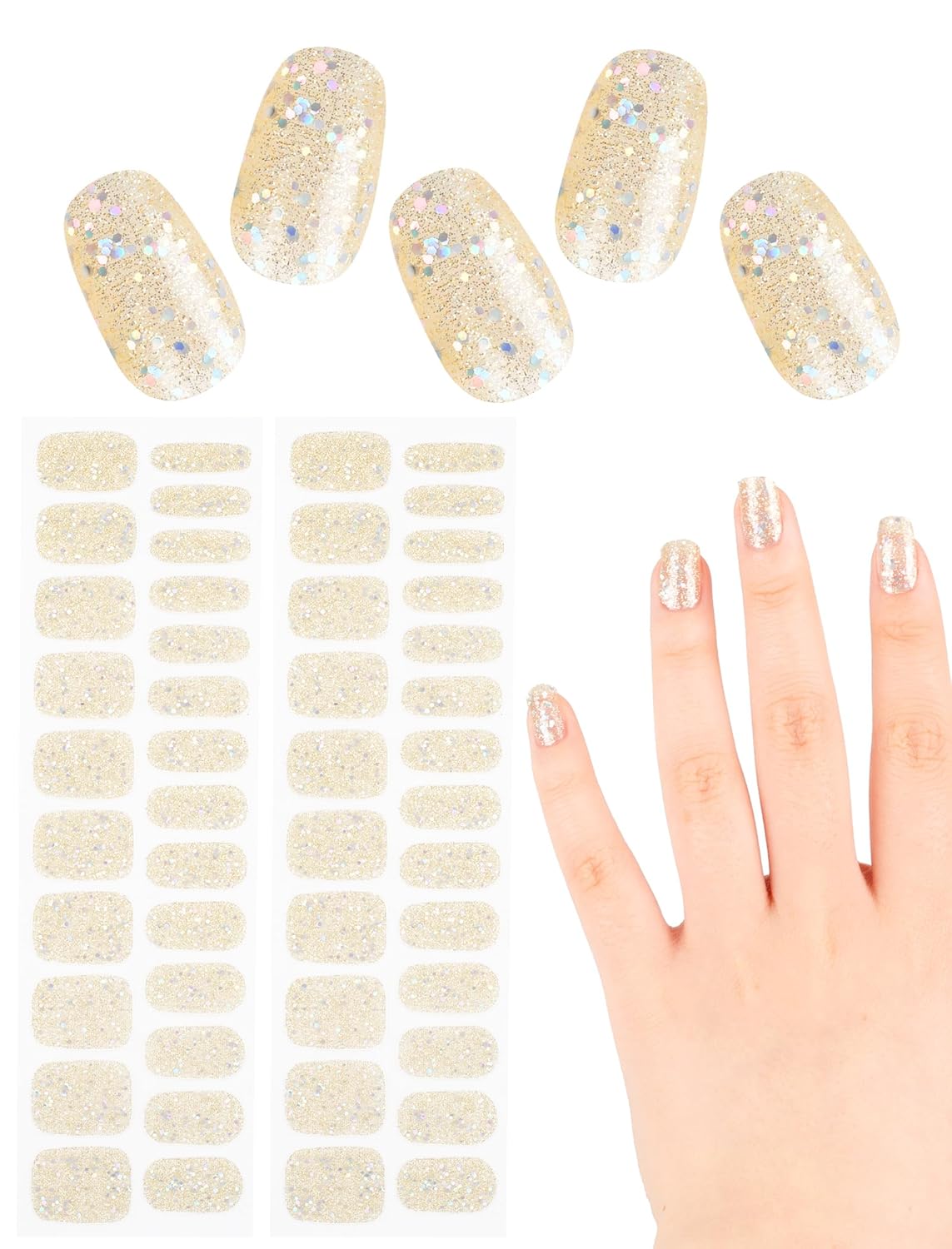 UV-Free Self-Adhesive Nail Art Design Stickers with Nail Files, 48 Pcs Stick on Semi Cured Gel Nail Polish Strips Wraps for Women (Gold)(Gold)