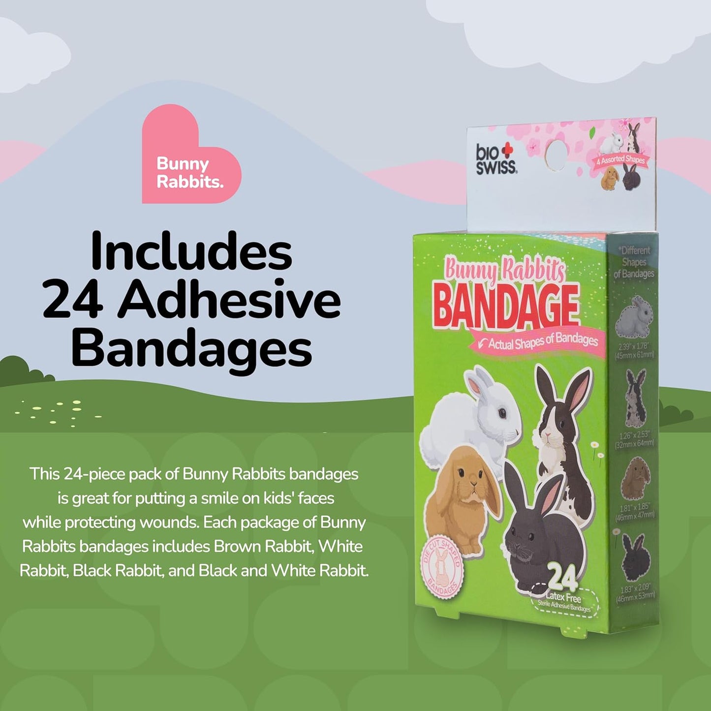 BioSwiss Kids Bandages, Bunny Rabbits Shaped Self Adhesive Bandage Set, Latex Free, Sterile Wound Care, 24 Count