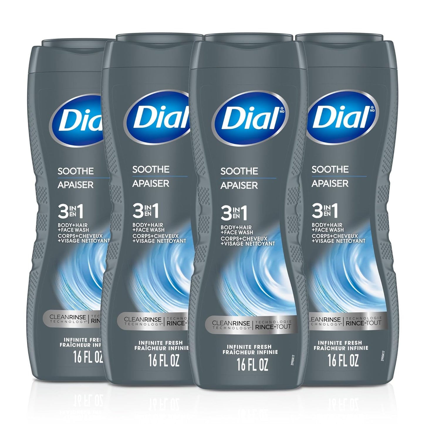Dial Men 3 in 1 Body, Hair and Face Wash, Soothe, 16 Fl Oz, Pack of 4, Infinite Fresh Scent, Cleanses Deep + Gentle on Skin with Clean Rinse Technology