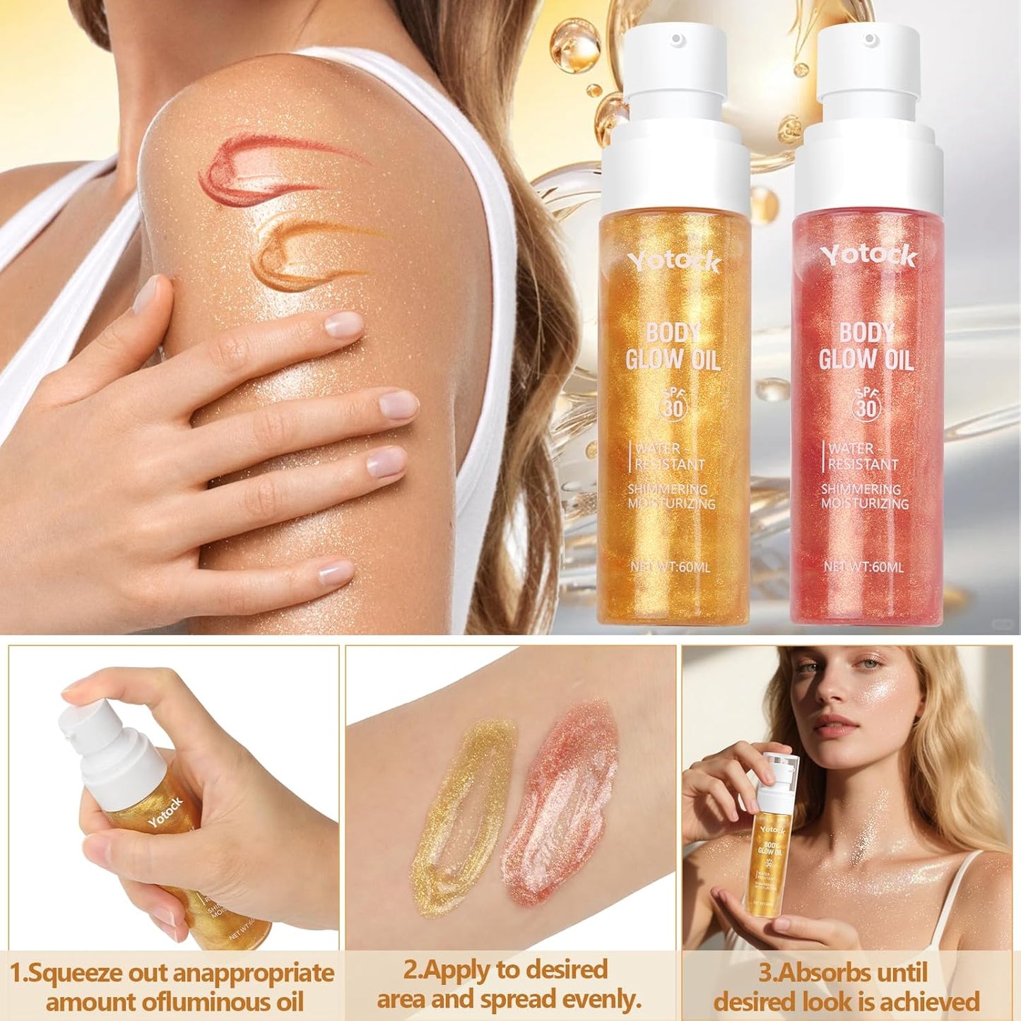 Body Glow Oil, SPF30 Moisturizing Body Oil Shimmer Gold Mica Sunscreen,Coconut Glitter Body Oils for Women Nourishes Dry Skin, Lightweight, Moisturizer and Water Resistant 3.38 fl oz