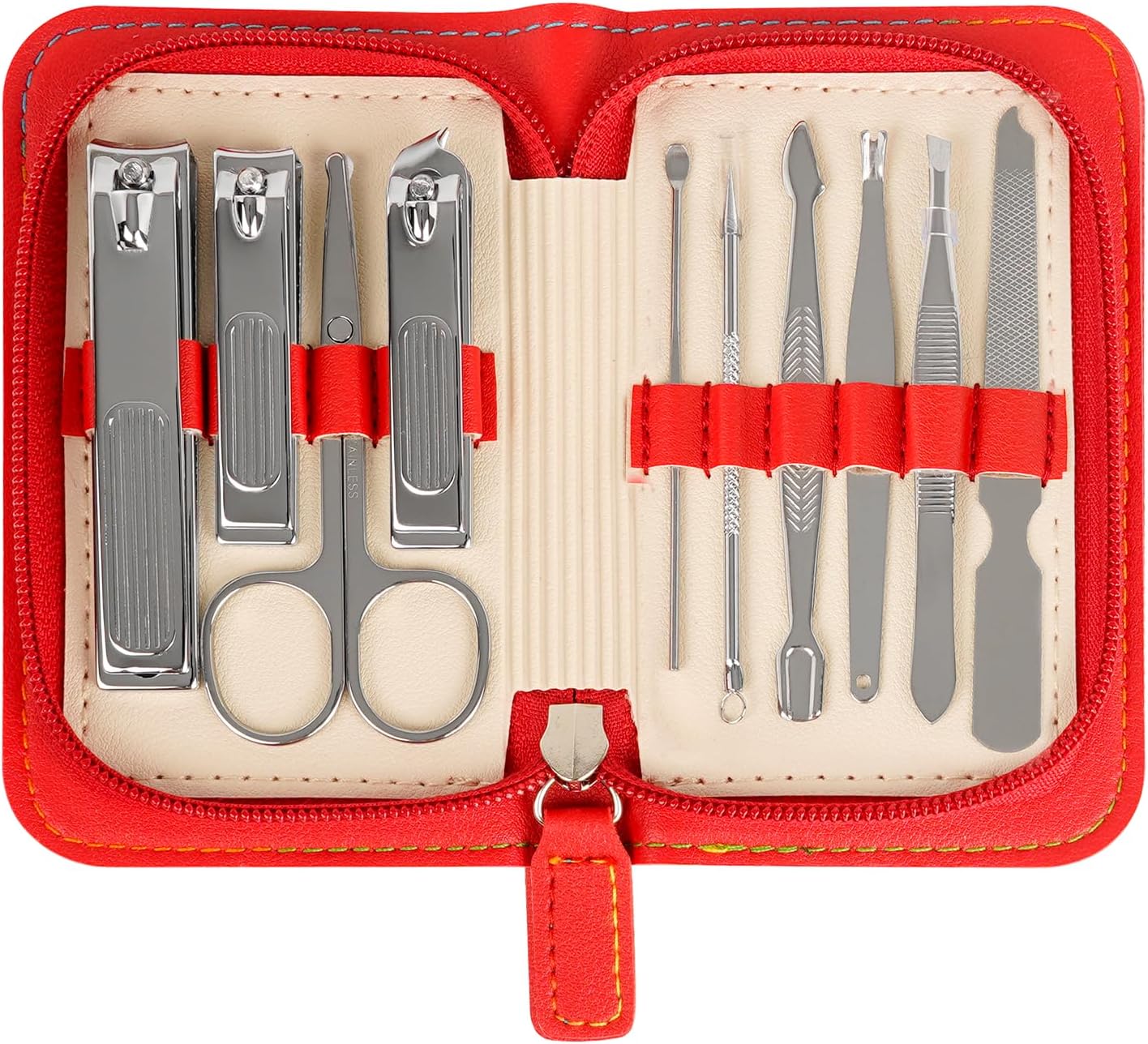 Premium Stainless Steel Nail Clippers Set - Travel Grooming Kit, 10pc Manicure/Pedicure Tools with PU Case - Unisex Gift for Men and Women(C-Red)