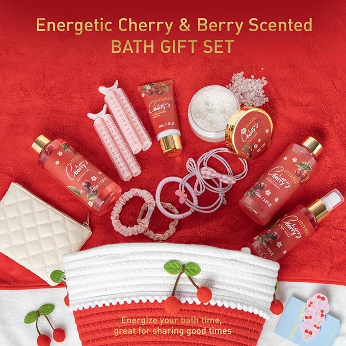 Spa Gifts for Women, Cherry & Berry Spa Gift Set for Teenage Tote Bag, Shower Gel, Hand & Body Lotion, Hitrees Birthday for Best Friend Woman, Mom, Mothers Day