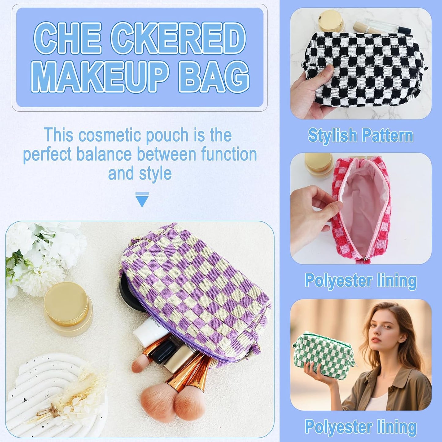 ZLFSRQ 6Pcs Checkered Pencil Case Cute Pencil Pouch for Teens Checkered Makeup Bag Colorful Medium Travel Cosmetic Bag Pink Makeup Pouch for Purse Aesthetic Trendy Zipper Toiletry Bags Organizer