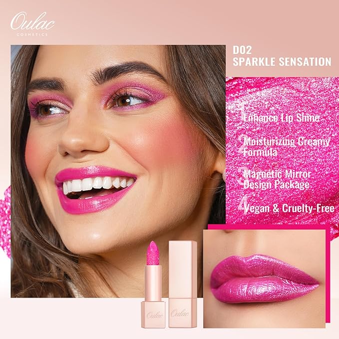 Oulac 3PCS Pink Lipstick Set | Metallic Lipstick, Moisturizing Lipstick, Lip Liner Stick | Smooth & Vegan | Ideal for Makeup Enthusiasts