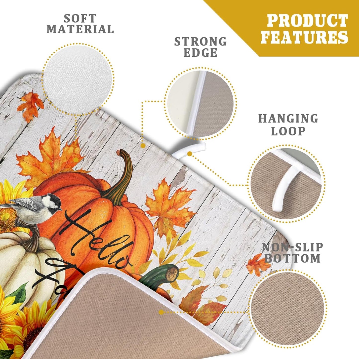 Hello Fall Dish Drying Mat for Kitchen Counter 16x18 Inch Orange Pumpkin Absorbent Drying Pad with Hanging Loop Autumn Home Decoration