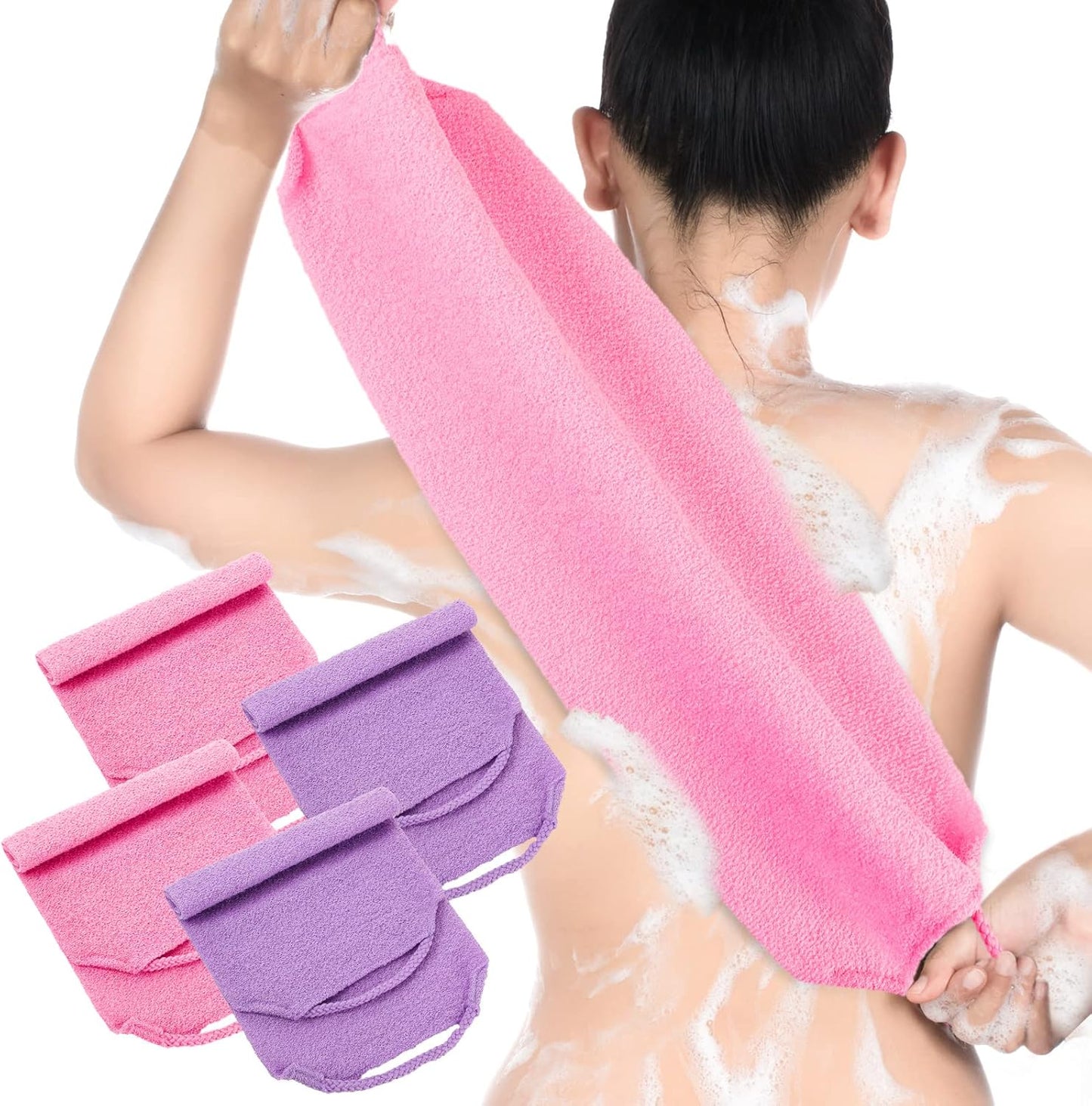 Moukeren Exfoliating Back Scrubber with Handles 4 Pack Nylon Back Exfoliator Extended Length Washers Scrubbers Stretchable Pull Strap Exfoliating Washcloth(Pink, Purple)