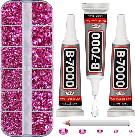 6000Pcs Hot Pink Rhinestones Set for Crafting Bedazzling with b7000 Glue, Shiny Resin Flatback Jewel for Crafts Clothing Tumblers Fabric Tumblers Cups Bows, Flat Back Gems Diamond Many Sizes