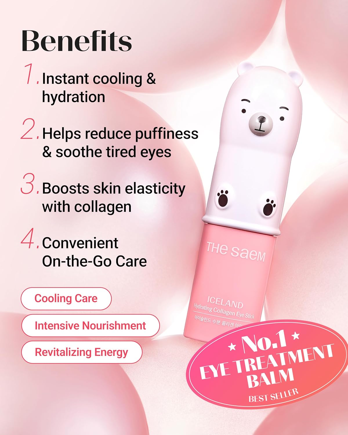 THESAEM Iceland Hydrating Collagen Eye Stick 0.38 oz - Anti-wrinkle Moisturizing Eye Balm for Saggy Skin – Under Eye Treatment - Balm to Smooth Skin Texture - Rose Scent