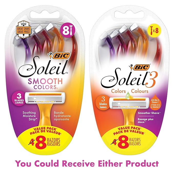BIC Soleil Smooth Colors Women's Disposable 3 Blade Razors, Vibrant Handles and Moisture Strip, 8-Pack