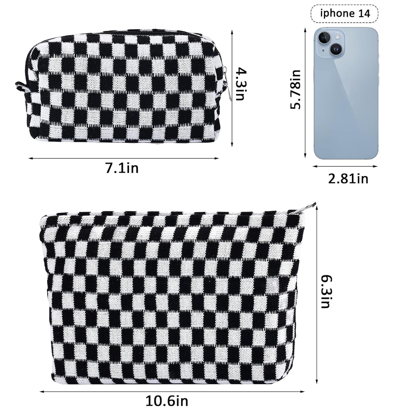 ZLFSRQ 2Pcs Checkered Makeup Bag for Women Large Small Checkered Cosmetic Bag Set Aesthetic Preppy Pencil Case Cute Pencil Pouch Black Makeup Pouch for Purse Travel Toiletry Bags Zipper Skincare Bags