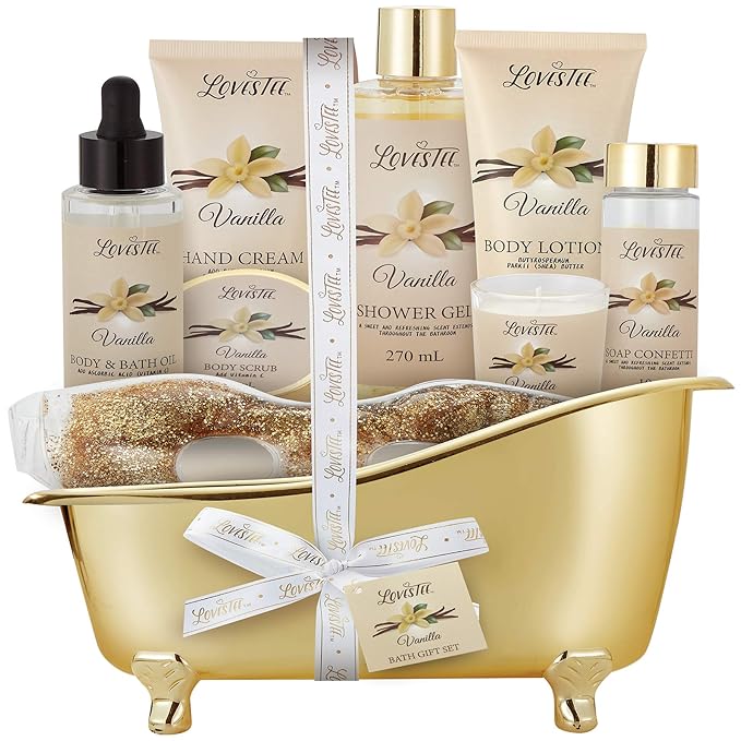 Mothers Day Gifts, Spa Basket for Women, Vanilla Bath & Body Set, Christmas & Birthday Gift, Includes Shower Gel, Body Lotion, Hand Cream, Body Scrub, Message Oil, Candle, Eye Mask, Confetti