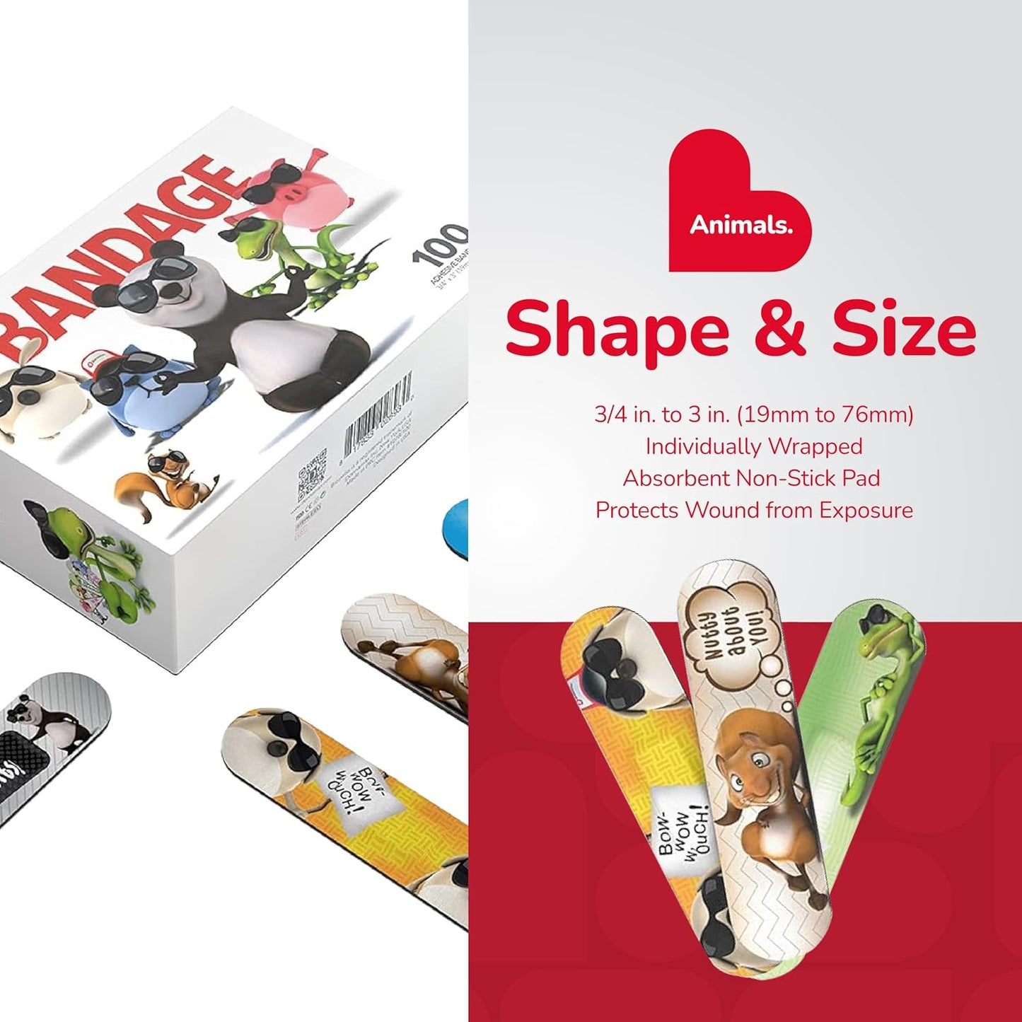 BioSwiss Kids Bandages, Assorted Animal Shaped Variety Self Adhesive Bandage, Latex Free, Sterile Wound Care, 100 Count