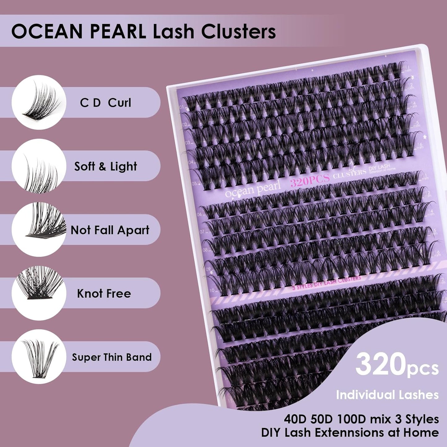 Ocean Pearl Lash Clusters 320PCS Thick Individual Lashes 11-20MM 40D 50D 100D DIY Lash Extension Soft Eyelashes Thick Volume Fake Lashes D Curl Cluster Eyelash Extensions For Beginners-40+50+100D